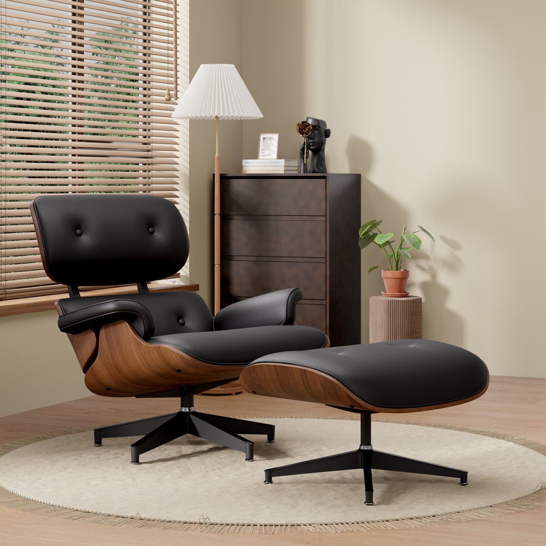 Mid-Century Modern PU Leather Lounge Chair with Ottoman – Ergonomic 360° Swivel Design
