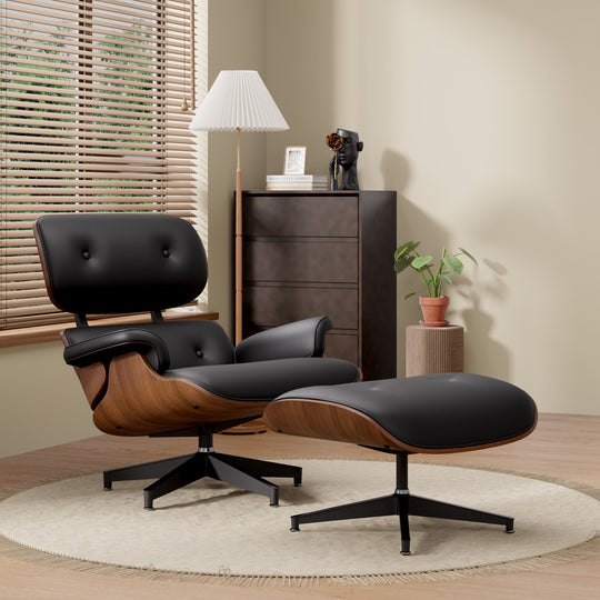 Mid-Century Modern PU Leather Lounge Chair with Ottoman – Ergonomic 360° Swivel Design