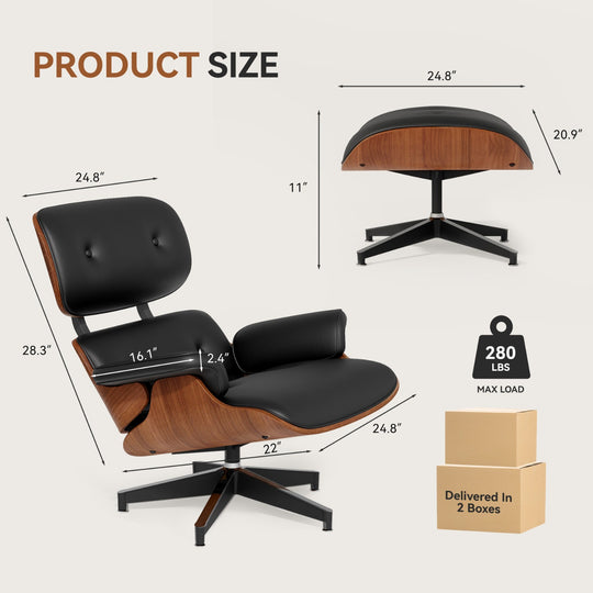 Mid-Century Modern PU Leather Lounge Chair with Ottoman – Ergonomic 360° Swivel Design